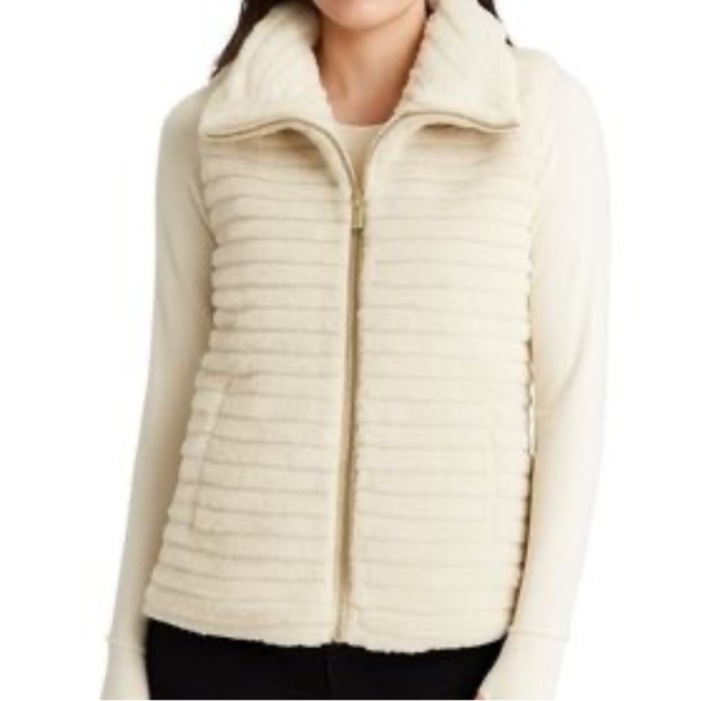 Calvin Klein Luxury Tan Faux Fur Satin Interior Gold Details Vest Size S/M NWOT